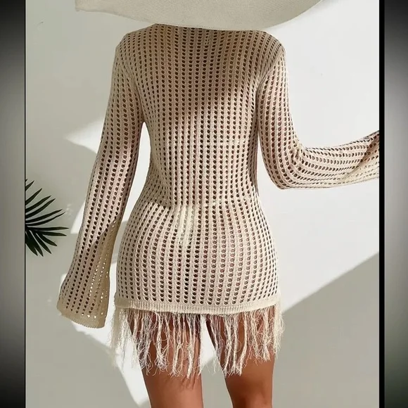 Hollow Out Tassel Trim Dress, Sexy Beach Wear Long Sleeve Cover Up Dress - Picture 2 of 4